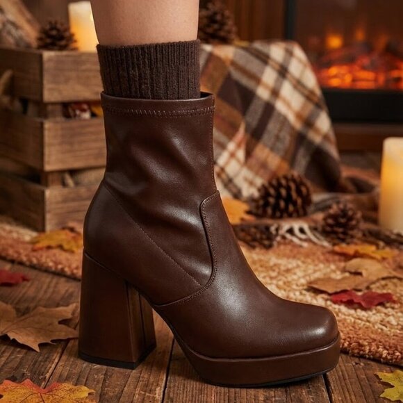 Pazzle Shoes - NWT Pazzle Chocolate Brown Platform Block Heel Sock Boots Square Toe Ankle Booti